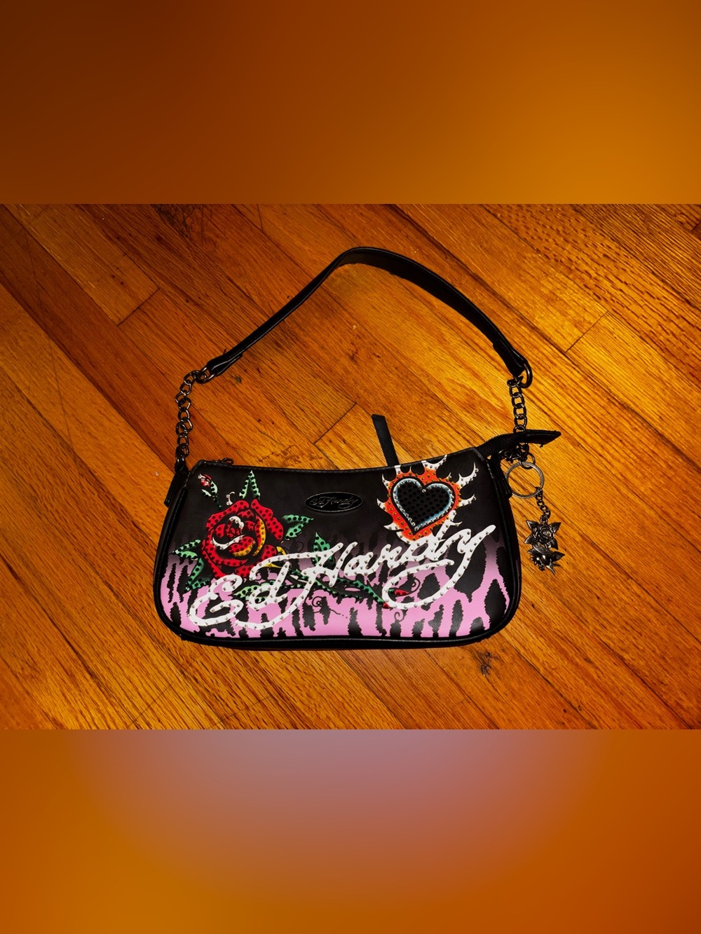 Ed Hardy Black Pink Animal Print Rhinestone Heart Chain Strap Zip Shoulder Bag